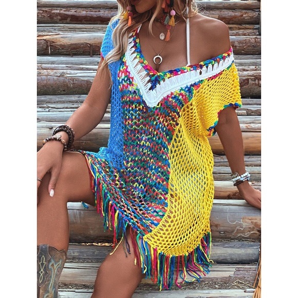 🍭 BOHO MULTI KNIT FRINGE LOOSE FIT BEACH COVERUP DRESS! - Picture 2 of 6